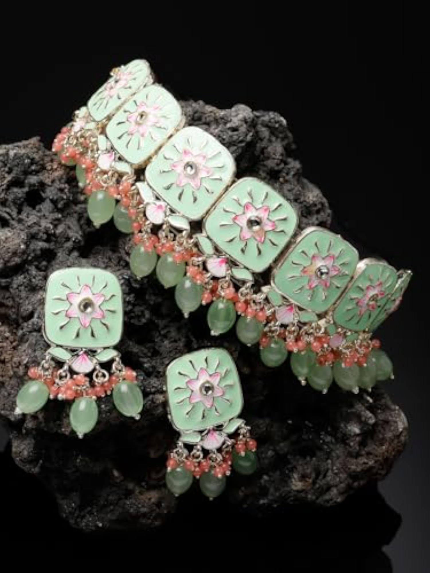 Square Mint Green Enamel Choker Set with Earrings